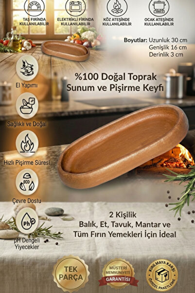 HerşeyTopraktan %100 Doğal El Yapımı Toprak Güveç Kiremit Oval Kayık Sunum Ta...