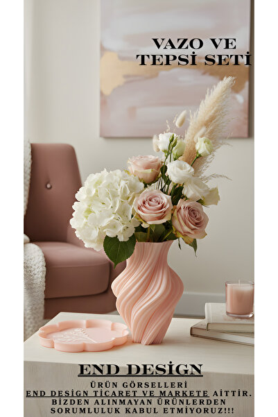 END Design 3DBaskı Spiral Tasarımlı Vazo & Dekoratif Tepsi Seti – Modern Ev A...