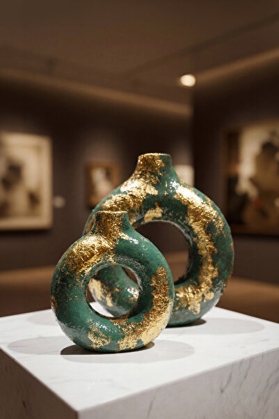 OEM 2'li Lüks Vazo Seti - Yüksek Parlaklıkta Zümrüt Yeşili ve Altın Dekoratif...