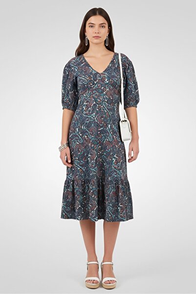 Michael Kors فستان ميدي نسائي بأكمام قصيرة وطبعة بيزلي وظهر مفتوح، متعدد الألوان