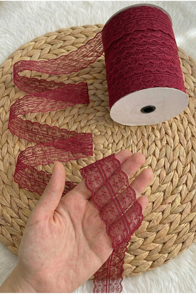 ZEYMERADE 10 Metre Çift Katlı Dantel Kurdele Bordo Fisto, Bohça, Nişan, Çeyiz...