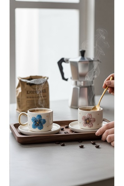 EL YAPIMI Mavi ve Pembe Sakura Çiçeği Temalı 24K Altın Süslemeli Seramik Doub...