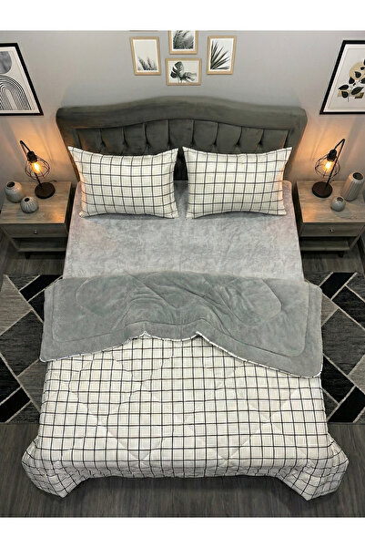 Çetinhome Çift Kişilik Desenli Welsoft Yorgan Seti Kare Beyaz