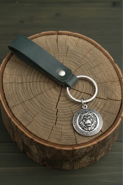 AB Takı حلقة مفاتيح جلدية على شكل أسد كاكي أخضر حلقة مفاتيح من الجلد الحقيقي