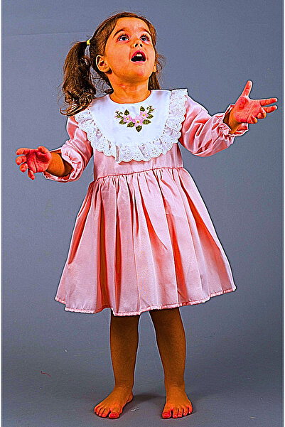 minikiti Pembe Beyaz Fistolu Nakışlı Uzun Kollu Vintage Kız Çocuk Elbise Bayr...