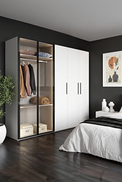 benim odam Diva 5 Kapaklı Beyaz Dolap 7 Raflı Cam Kapaklı Geniş Gardırop Elbi...