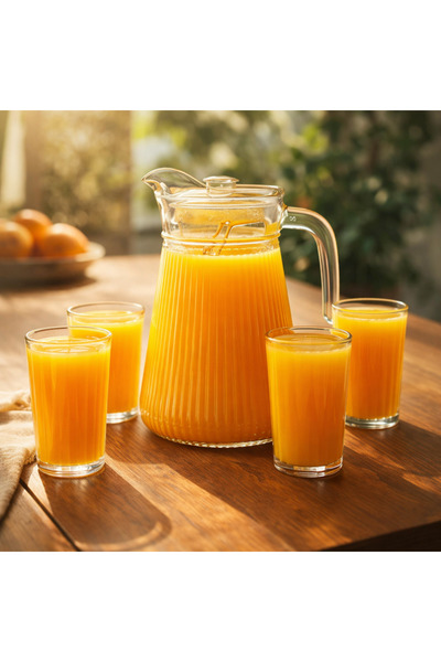 GREEN APPLE طقم جك وكاسات من الزجاج 5 قطع 1جك مع غطاء + 4 كاسات