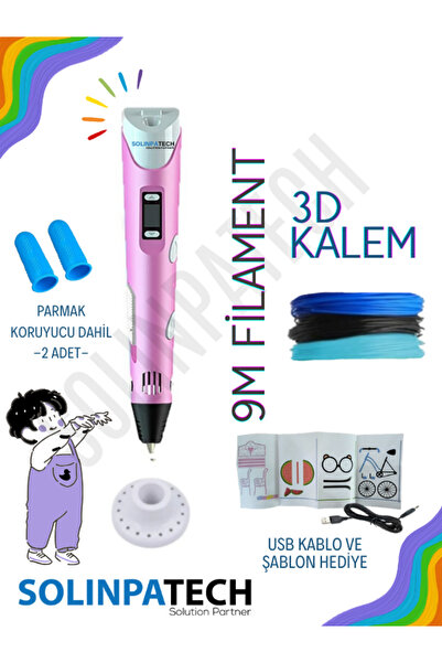 SolinpaTech Pembe 3d Kalem 3d Pen 3 Boyutlu Yazıcı Kalem 3 Renk 9 Metre Filam...