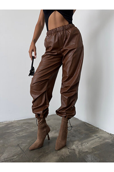 HerTon Καφέ Δερμάτινο Παντελόνι Jogger