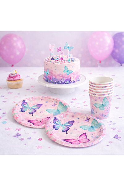 Partifabrik Kelebek Temalı Karton Tabak Bardak Set 8 tabak 8 bardak