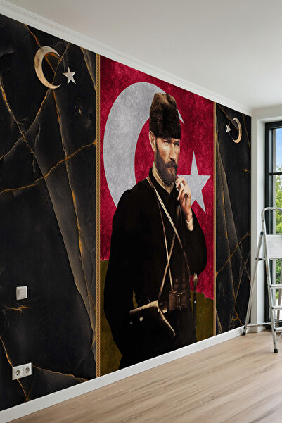 MİRAZAWALL Atatürk Trablusgarp'ta Portreli Türk Bayrağı ve Mermer Desenli Tek...