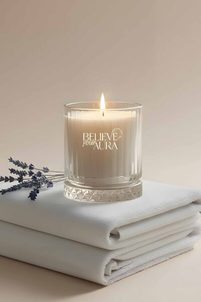 Believe Your Aura Pudra Kokulu Bardak Mum - %100 Doğal Soya Mumu Kristal Bard...
