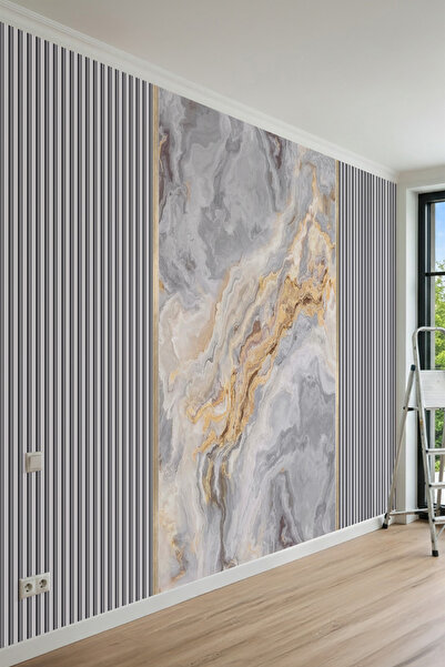 MİRAZAWALL Modern Dikey Panel ve Damarlı Mermer Desenli Tek Parça Tekstil Duv...