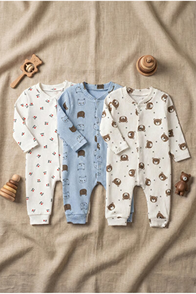 Noone 3'lü Paket Ayıcık Desenli Fitilli (Kaşkorse) %100 Pamuklu Bebek Tulum Seti