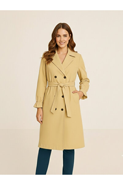 Fien La Kadın Kruvaze Yaka Kuşaklı Trençkot – Krem Renk