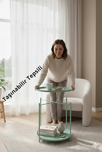 hemlife Çift Tepsili Katlanır Orta Yan Yuvarlak Sehpa Metal Ayak - Modern Sehpa 44 cm Tepsi Deri Kulplu MİNT YEŞİL