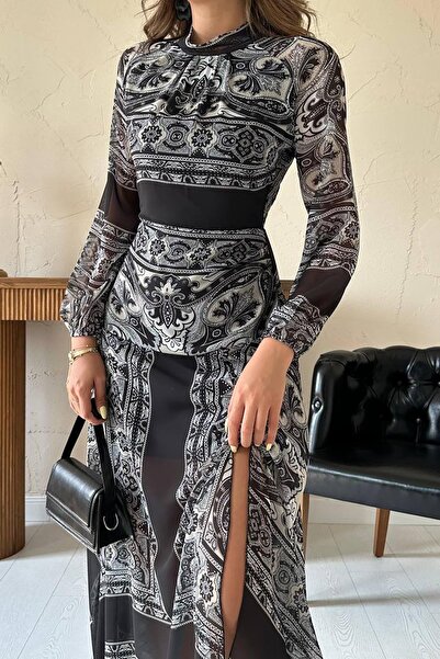 sharin فستان نسائي طويل من الشيفون الأسود بأكمام طويلة وطبعة عرقية وفتحة جانب...