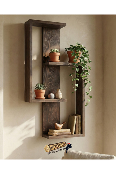 jet ağaç kakan Geometrik Ahşap Duvar Rafı – Asimetrik Tasarım - Koyu Ceviz