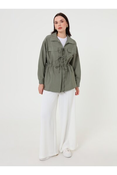 Refka Modal Fabric Shiny Blouse / Shirt with Tie Detail - Khaki -