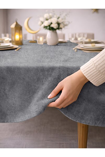 Perle Daily Series Kadife Dokulu Açık Gri Rengi Masa Örtüsü
