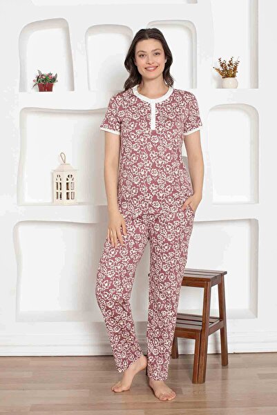 Genel Markalar Gül Kurusu Çiçek Desenli Penye Pijama Takımı 2794KY
