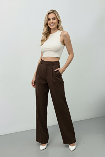 AKD Atelier Women's Trousers Buttoned Pleated Detailed Double Pockets Wide Le...