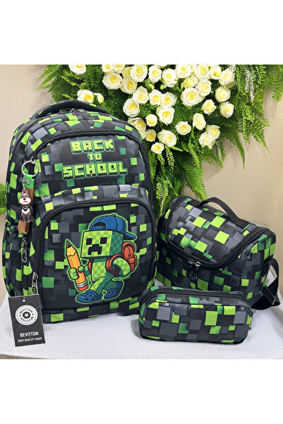 Bevitton Чанта за начално училище, черна - зелена, комплект от 3 части Чанта ...