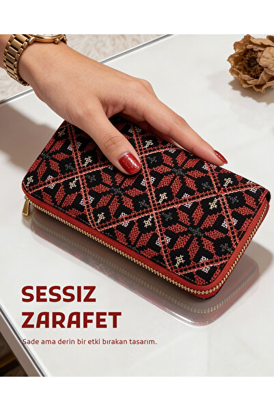 Zaytoon محفظة نسائية كبيرة فلسطينية تقليدية ملونة مطرزة باللون الأحمر بسحاب و...