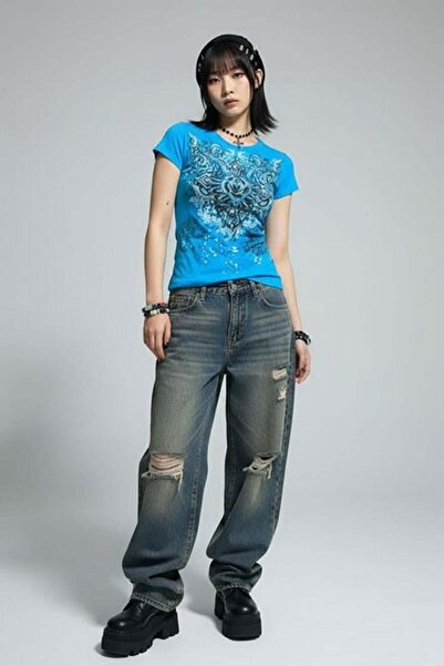 Karakedi Μπλε γοτθικό τριαντάφυλλο Harajuku Y2K κοντομάνικο Crop