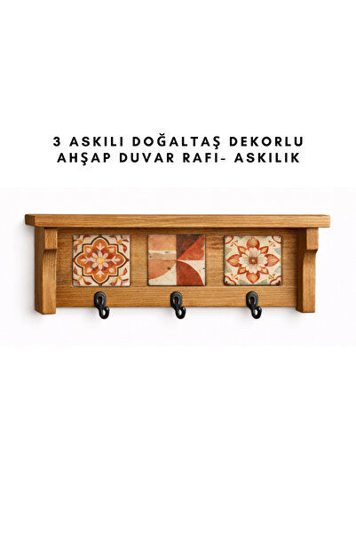 woodline 3 Askılı Doğaltaş Dekorlu Ahşap Duvar Düzenleyici–Giriş Holü Anahtar...