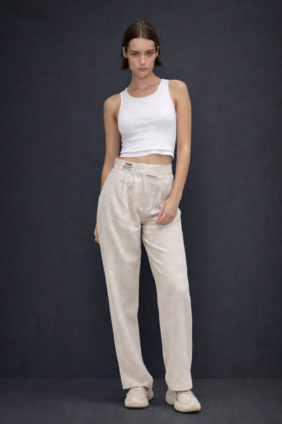 HAKKE بنطلون كتان نسائي واسع الساق مزين بشريط فيلكرو