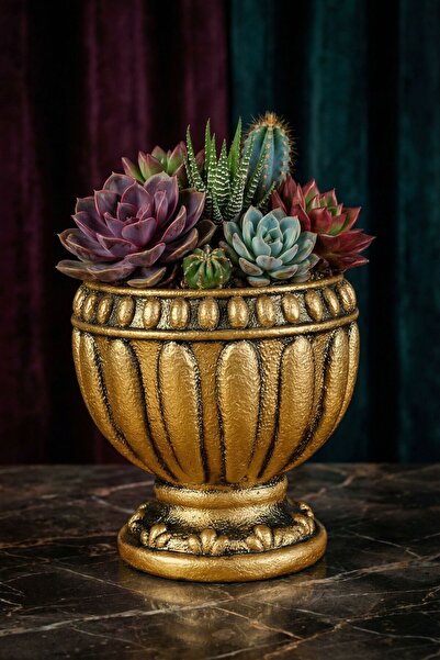 Evene Mini Çiçek Saksı Küçük Sukulent Altın Eskitme Kaktüs Saksısı Antika Vaz...