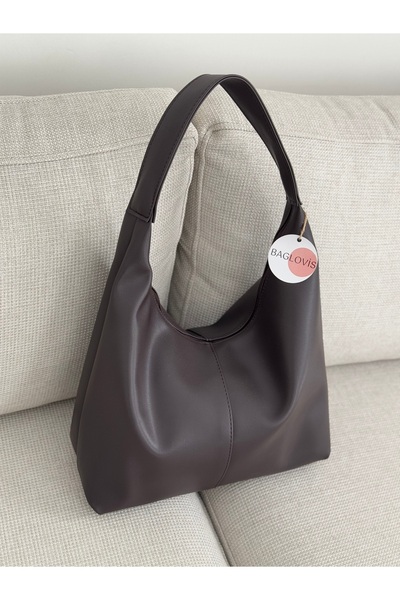 BAGLOVİS Sade Salaş Düz Kahverengi Suni Deri Fermuarlı Kadın Omuz Çantası
