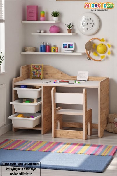 MİRACLE 3D Çocuk Çalışma Masası  90x45 Cm 3 Sepetli Çocuk Çalışma Masası Sırt Dayamalı Sandalye