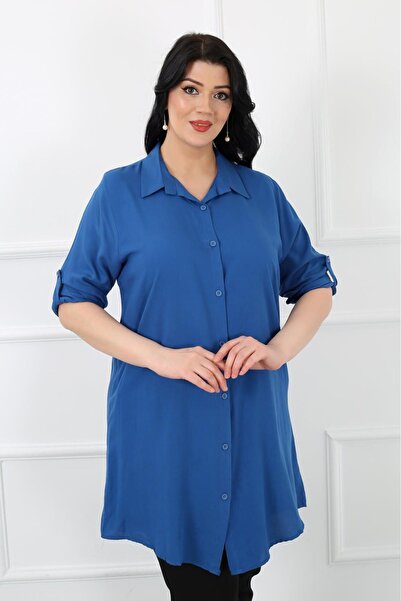 By Alba Collection Kadın Pamuk Viskon Düz Büyük Beden Tunik İndigo