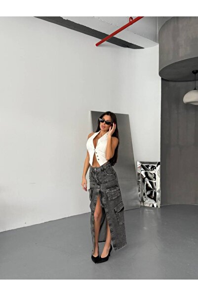 HerTon Siyah Yıkamalı Cepli Yırtmaçlı Maxi Denim Etek
