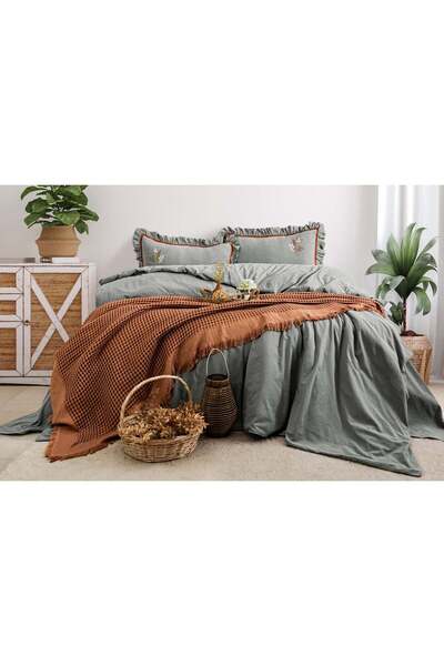 Çulha Double 100% Cotton Duvet Cover Set Adel Green Embroidered Ruffled 200X220 cm