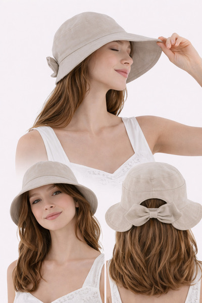 ZERAMİNE Bej Fiyonklu Kova Şapka %100 Pamuklu