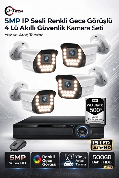 J-TECH 5MP IP Sesli Renkli Gece Görüşlü 4 Lü Akıllı Güvenlik Kamera Seti – Yü...