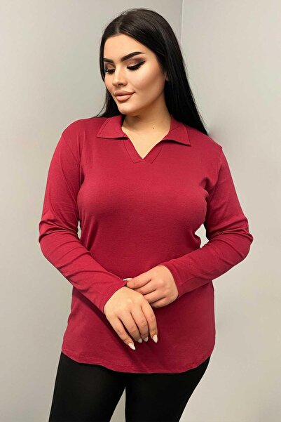 Siyezen Büyük Beden Polo Yaka Pamuklu Likralı Bluz