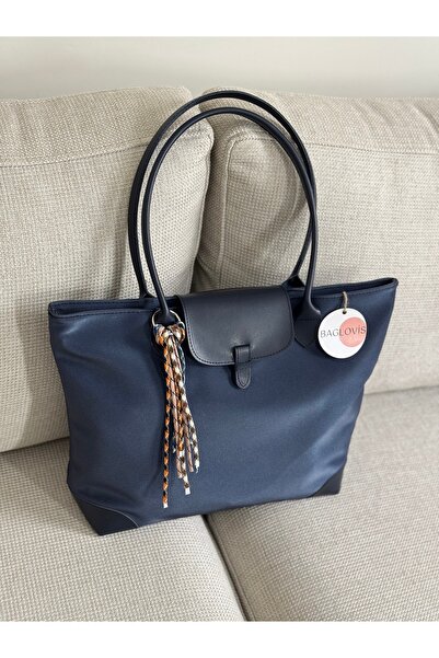 BAGLOVİS CHARM DETAYLI BÜYÜK BOY LACİVERT TOTE ÇANTA EN40 BOY30