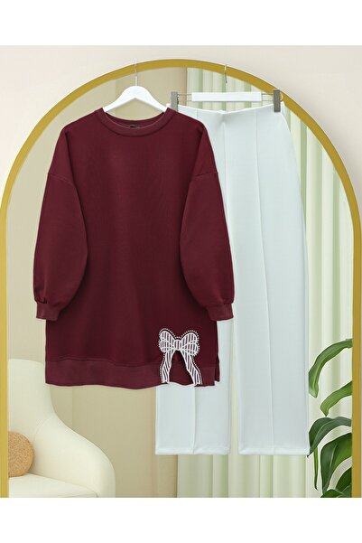 Modamorfo Round Neck Skirt Bow Detailed Loose Combed Cotton Tunic - Burgundy