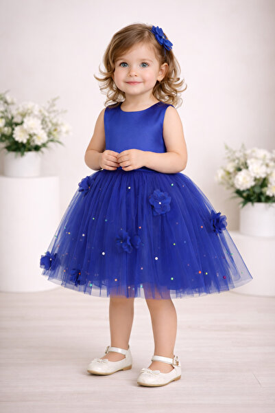 Atelier Anca Socolovschi Rochie pentru fete, stil prințesă, albastră cu flori 3D