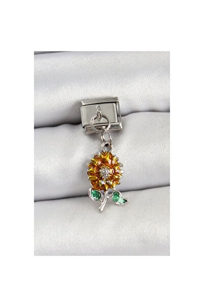 Leyaton 316L Steel Dangle Sunflower Model Silver Color Nomination Charm - Tj-...