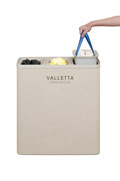 valletta Paloma 120l Üç Yıkanabilir Bölmeli Katlanabilir Kumaş Kirli Çamaşır Sepeti Cappuccino Beige XL
