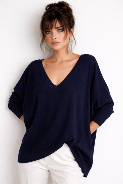 Be Best Kadın Lacivert V Yaka Salaş Bluz BE285