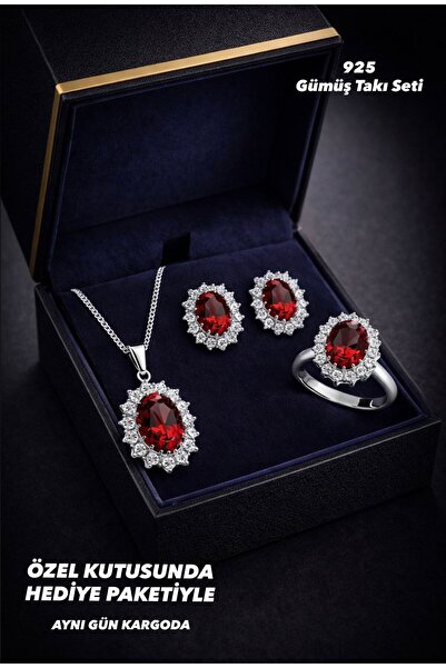 BEREN KILIÇ 925 Ayar Gümüş Kırmızı Oval Taşlı Pırlanta Görünümlü Gümüş Kolye ...