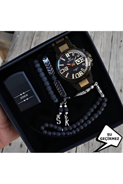 SPOLO Su Geçirmez Erkek Kol Saati Takvimli Çakmak Tesbih Bileklik Seti