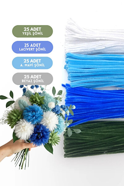 Bimotif 100lü tüylü tel şönil, 30 cm (25er adet Yeşil, Lacivert, A. Mavi, Bey...