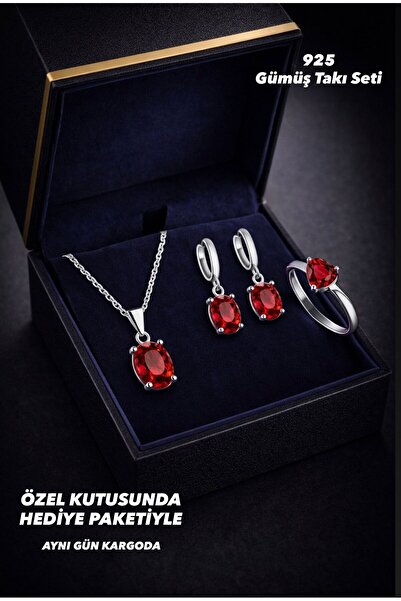 BEREN KILIÇ 925 Ayar Gümüş Kırmızı Oval Taşlı Minimal Kolye Küpe Yüzük Takı Seti